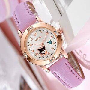 Women's Watch Kuromi Gold Face w/ CZ's & Purple Pu Leather Strap Small  NEW